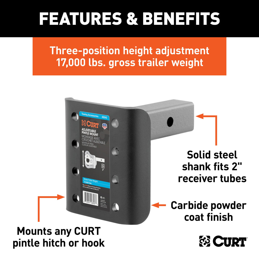 CURT 48343 Adjustable Pintle Mount (2" Shank, 17,000 lbs., 7-1/4" High, 6" Long)
