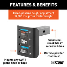 Load image into Gallery viewer, CURT 48343 Adjustable Pintle Mount (2" Shank, 17,000 lbs., 7-1/4" High, 6" Long)