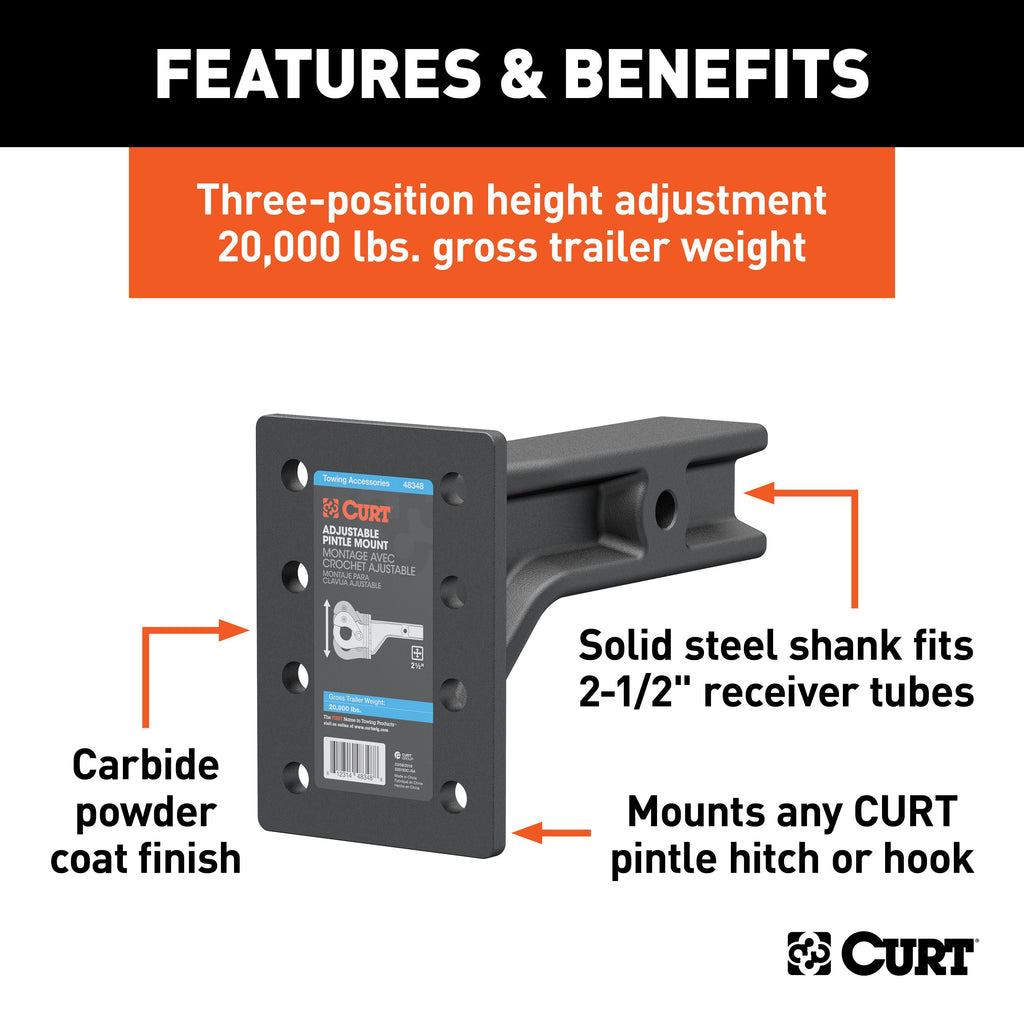 CURT 48348 Adjustable Pintle Mount (2-1/2" Shank, 20,000 lbs., 7-1/4" High, 10-3/4" Long)