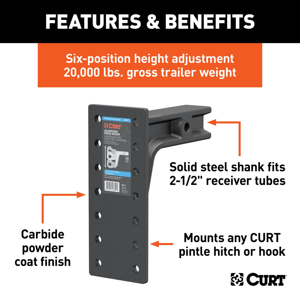 CURT 48349 Adjustable Pintle Mount (2-1/2" Shank, 20,000 lbs., 12-1/2" High, 10-3/4" Long)