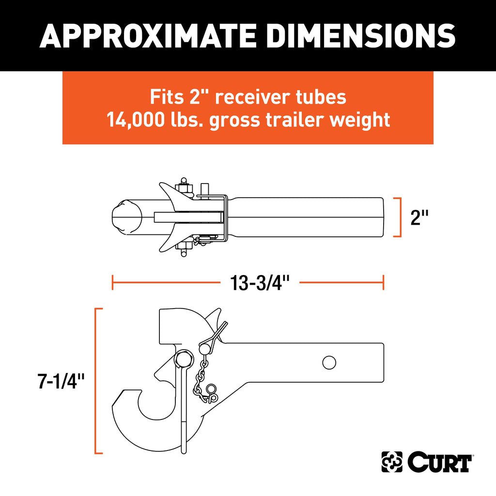 CURT 48405 SecureLatch Receiver-Mount Pintle Hook (2" Shank, 14K, 2-1/2" or 3" Lunette)