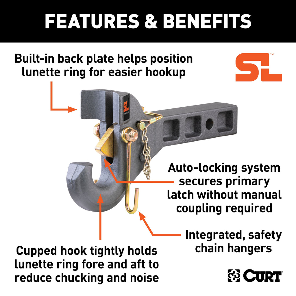 CURT 48405 SecureLatch Receiver-Mount Pintle Hook (2" Shank, 14K, 2-1/2" or 3" Lunette)