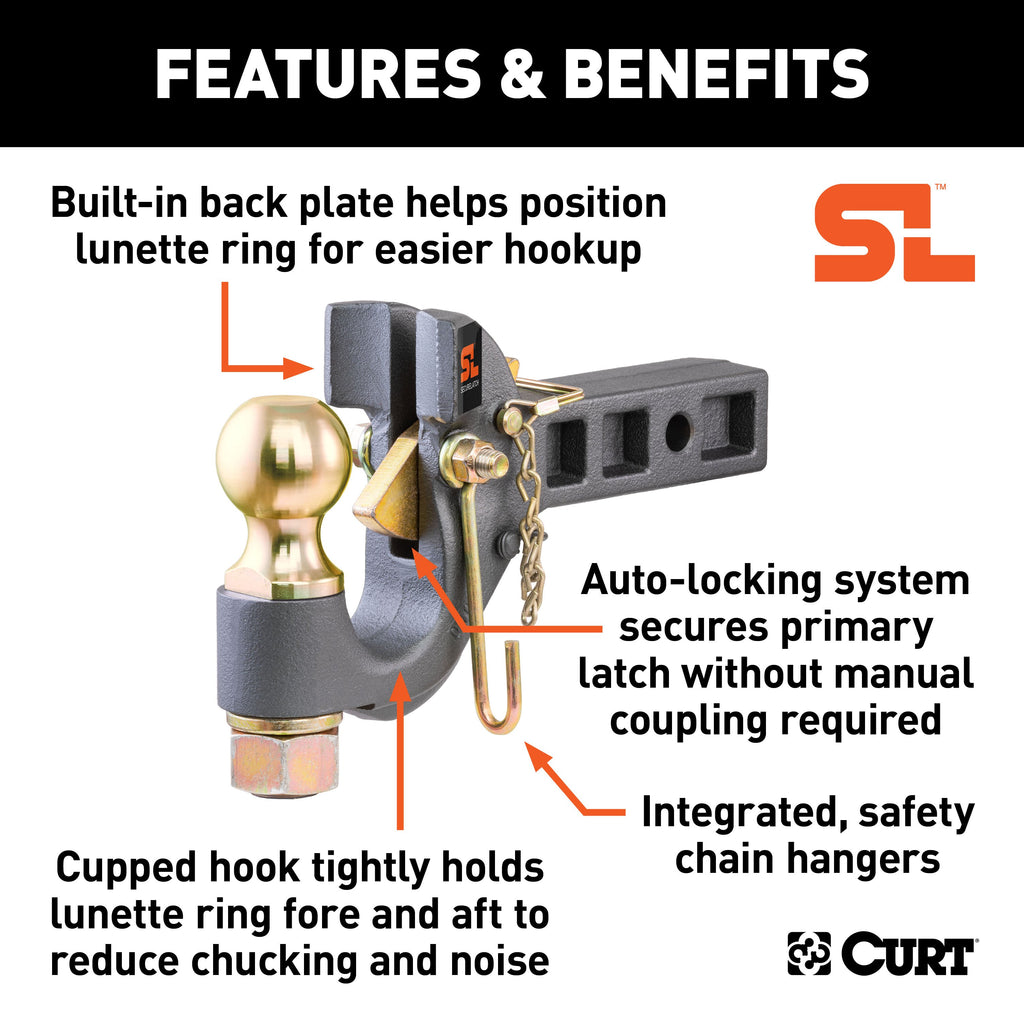 CURT 48406 SecureLatch Receiver-Mount Ball & Pintle Hitch (2" Shank, 2-5/16" Ball, 14K)