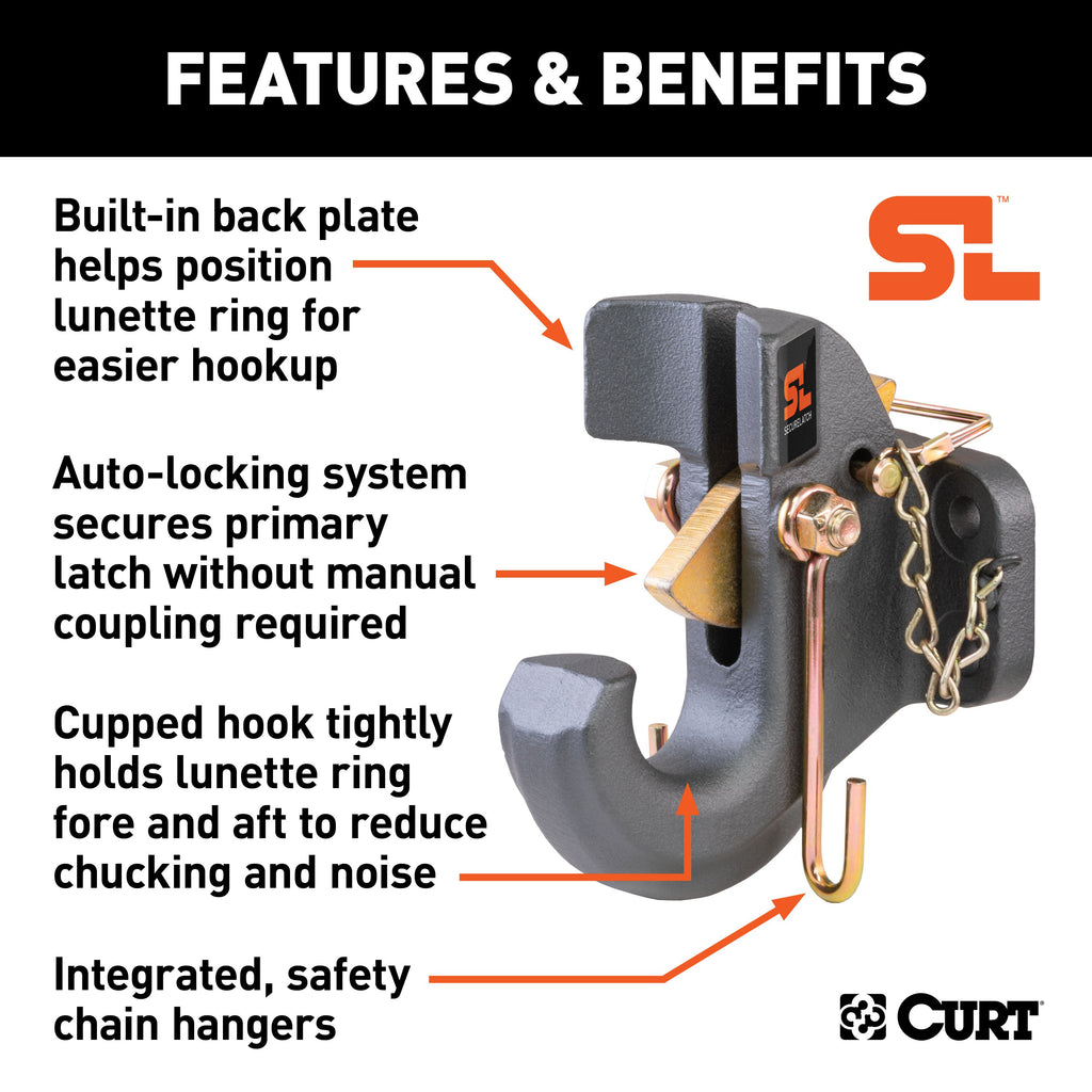 CURT 48505 SecureLatch Pintle Hook (30,000 lbs, 2-1/2" or 3" Lunette)