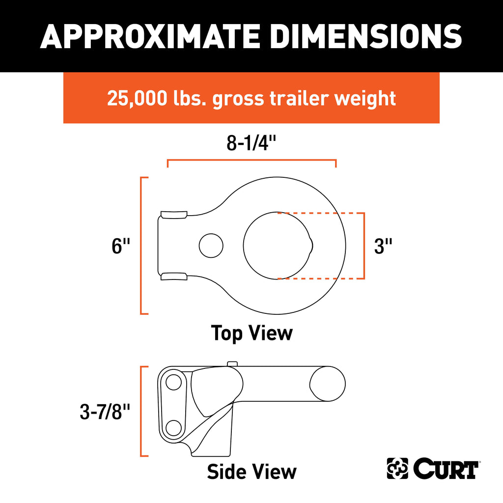 CURT 48625 SecureLatch Channel-Style Lunette Ring (25,000 lbs, 3" ID)