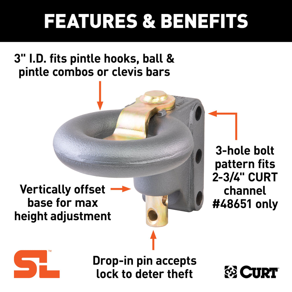 CURT 48626 SecureLatch Channel-Style Lunette Ring (40,000 lbs., 3" ID)