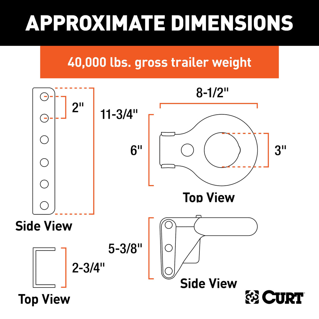 CURT 48641 SecureLatch Lunette Ring & Channel (40,000 lbs, 3" ID, 11-3/4" Channel Height)