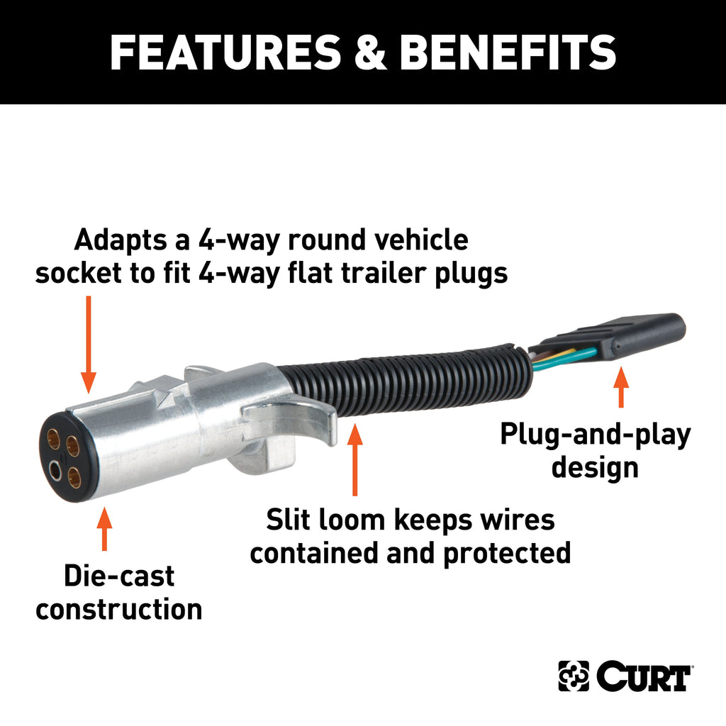CURT 57444 Electrical Adapter (4-Way Round Vehicle to 4-Way Flat Trailer; Packaged) - Truck Part Superstore