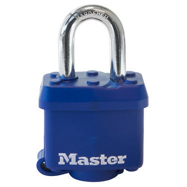 Master Lock 312D 1-9/16in (40mm) Wide Covered Laminated Steel Pin Tumbler Padlock; Blue