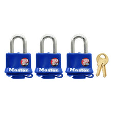 Load image into Gallery viewer, Master Lock 312TRI 1-9/16in (40mm) Wide Covered Laminated Steel Pin Tumbler Padlock; Blue; 3-Pack