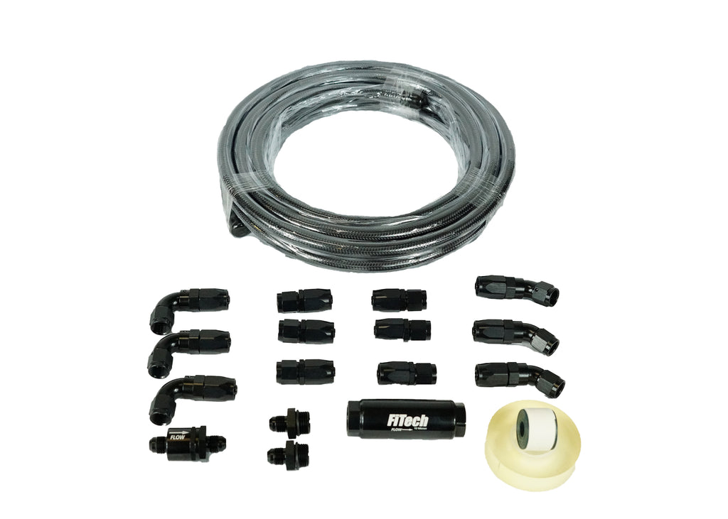 FiTech Fuel Injection 51002 Go Fuel AN-6 Black Stainless Steel 20 Ft Hose Kit with Filter