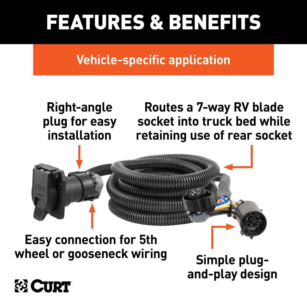 CURT 56000 10' Custom Wiring Extension Harness (Adds 7-Way RV Blade to Truck Bed) for Select Chevrolet Silverado 1500, Chevrolet Silverado Classic, Chevrolet Silverado HD, Chevrolet Silverado HD Classic, Chevrolet Silverado LD, Chevrolet Silverado 2500,