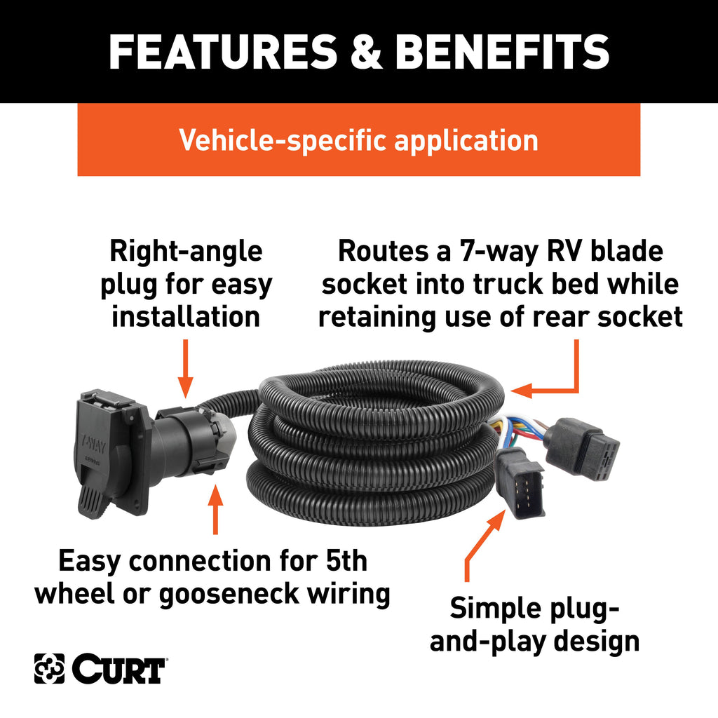 CURT 56001 10' Custom Wiring Extension Harness (Adds 7-Way RV Blade to Truck Bed) for Select Dodge Dakota, Dodge Ram 1500, Dodge Ram 2500, Dodge Ram