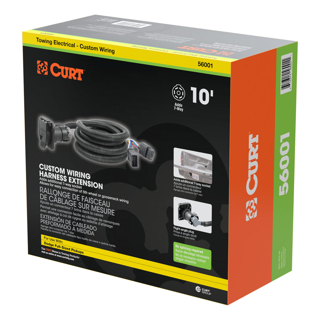 CURT 56001 10' Custom Wiring Extension Harness (Adds 7-Way RV Blade to Truck Bed) for Select Dodge Dakota, Dodge Ram 1500, Dodge Ram 2500, Dodge Ram