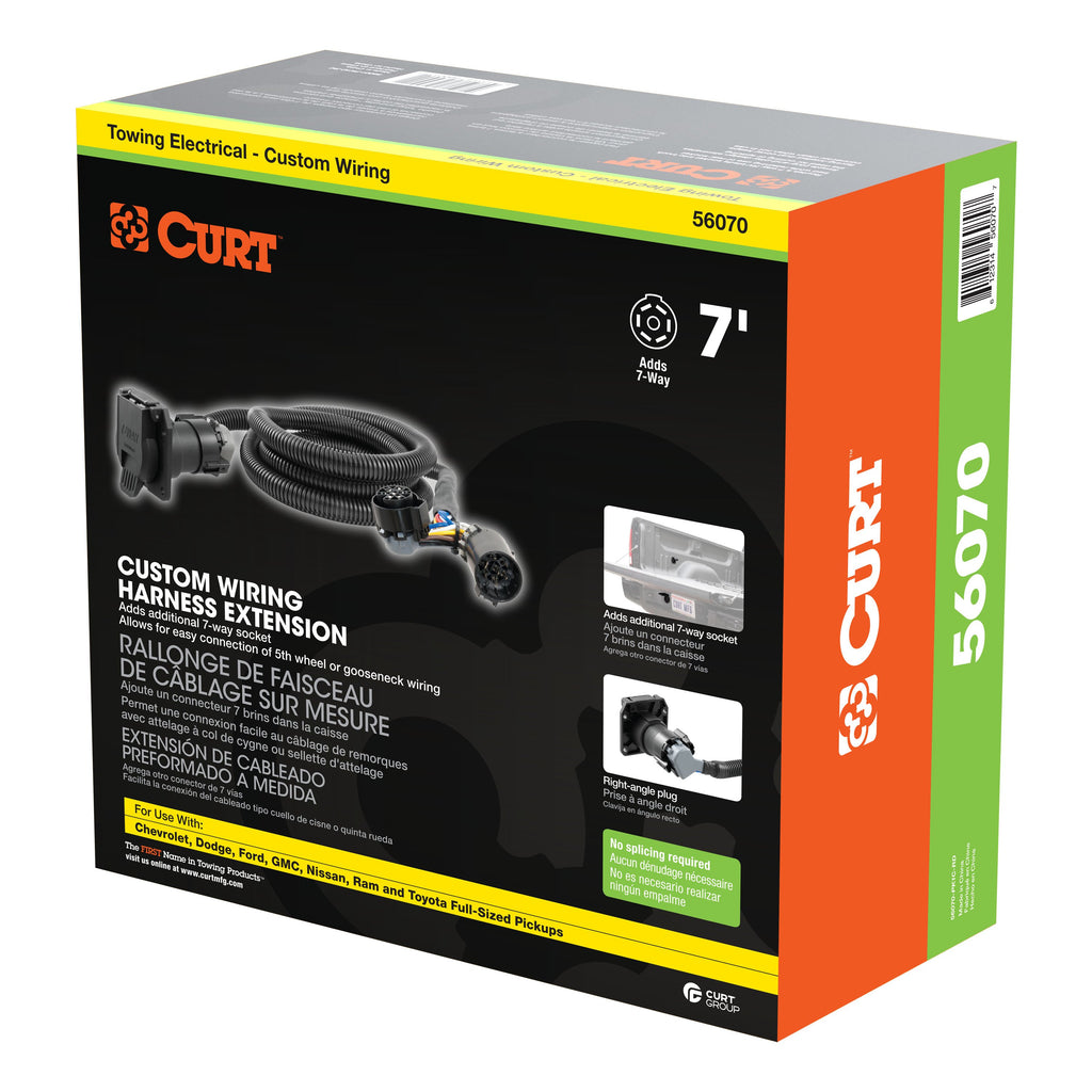 CURT 56070 7' Custom Wiring Extension Harness (Adds 7-Way RV Blade to Truck Bed, Packaged) for Select Chevrolet Silverado 1500, Chevrolet Silverado Classic, Chevrolet Silverado HD, Chevrolet Silverado HD Classic, Chevrolet Silverado LD, Chevrolet