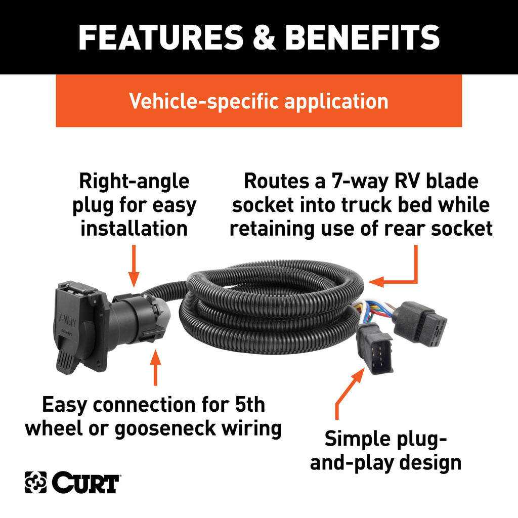 CURT 56071 7' Custom Wiring Extension Harness (Adds 7-Way RV Blade to Truck Bed) for Select Dodge Dakota, Dodge Ram 1500, Dodge Ram 2500, Dodge Ram