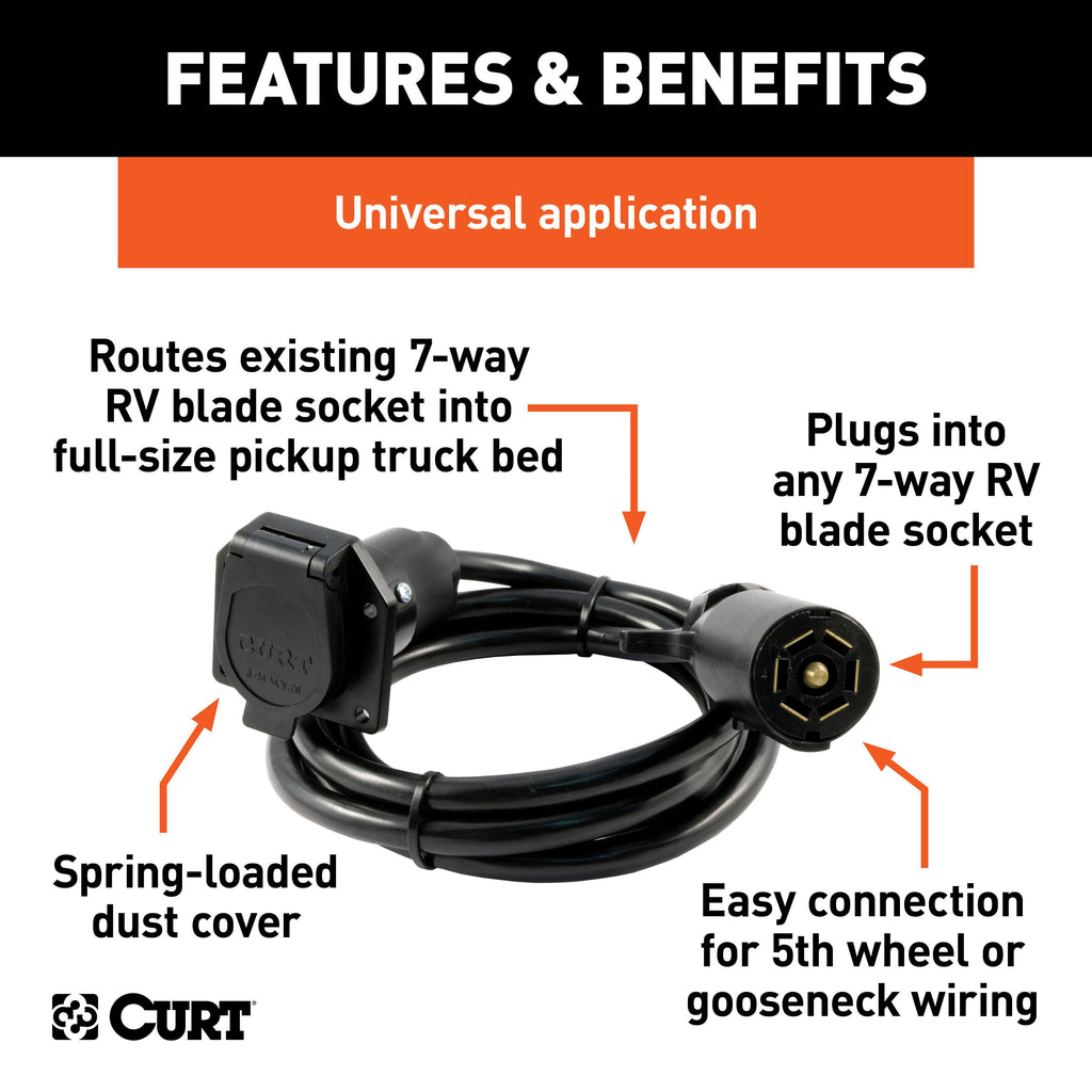 CURT 56080 7' 7-Way RV Blade Extension Harness (Routes to Truck Bed)