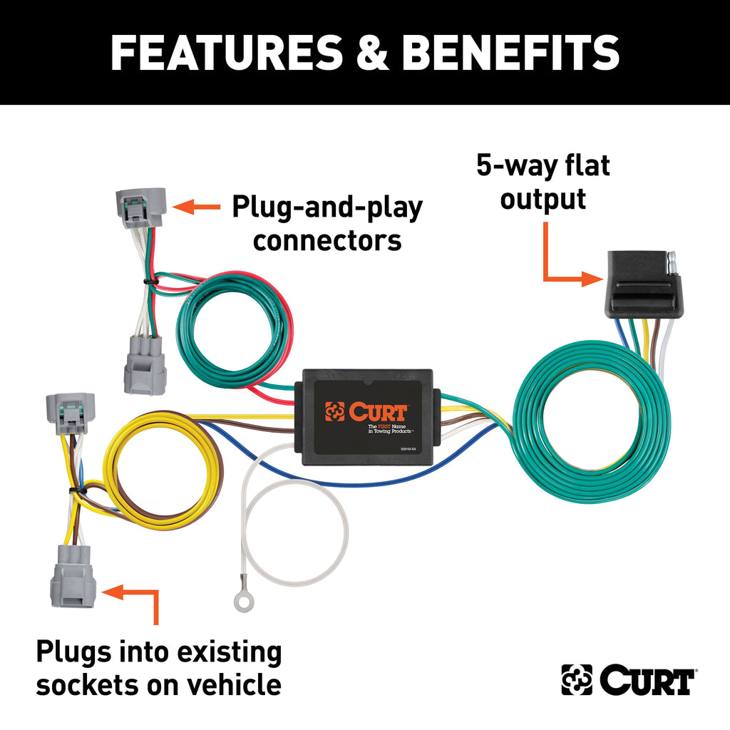 CURT 56513 Custom Wiring, 5-Way Flat Output, Select Toyota Tacoma, Hilux, T-100 Pickup