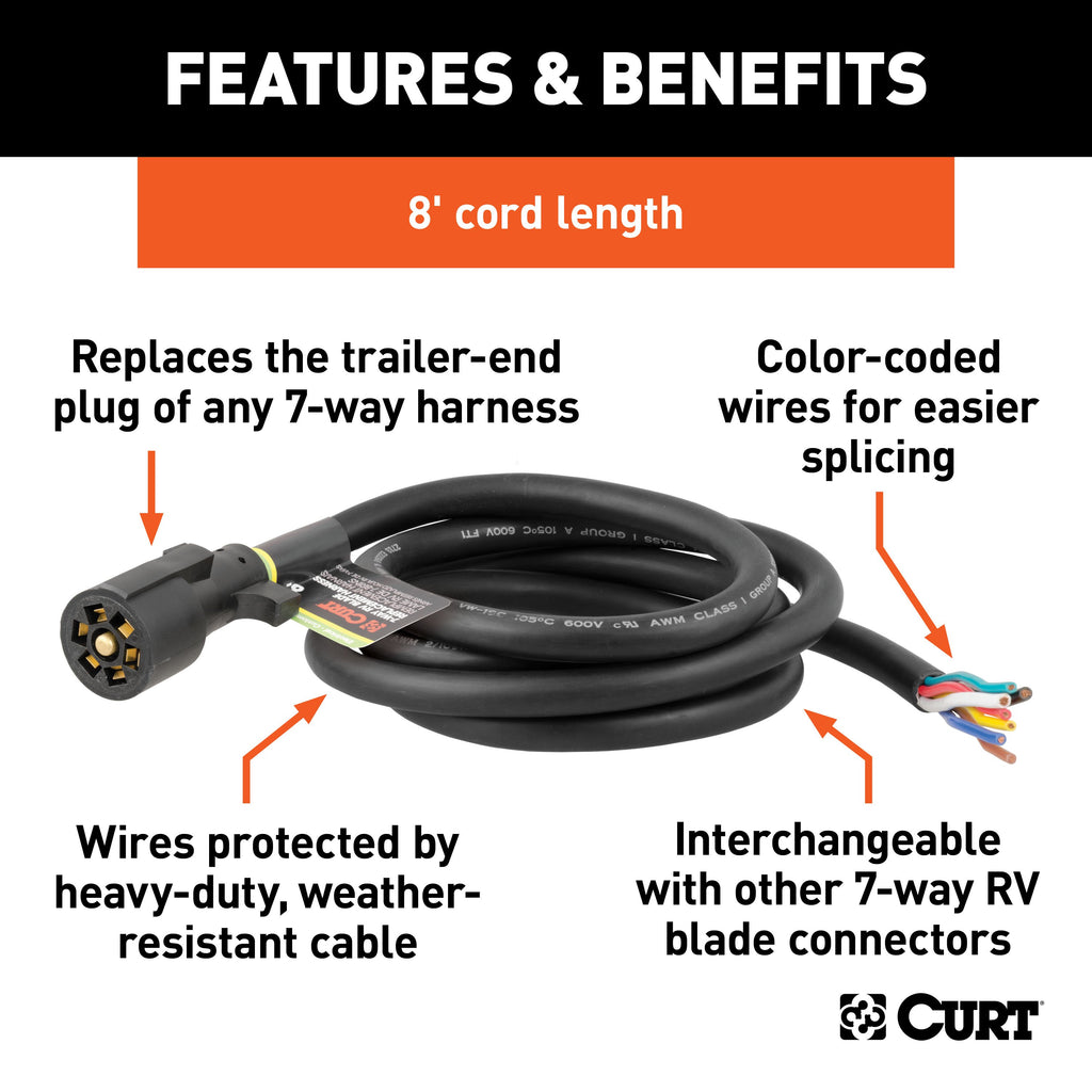 CURT 56602 Replacement 7-Way RV Blade with 8' Wires (Trailer Side)