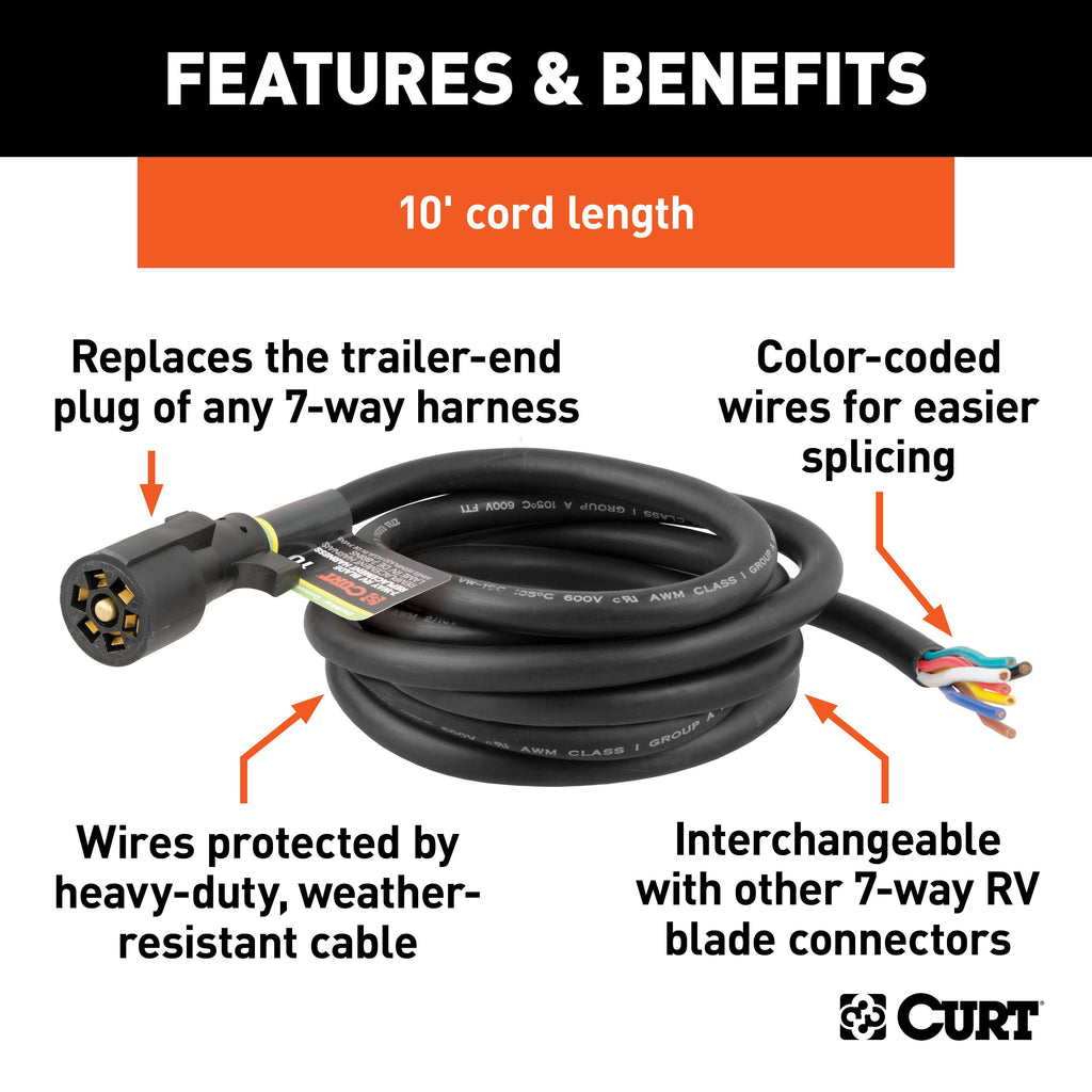 CURT 56603 Replacement 7-Way RV Blade with 10' Wires (Trailer Side)