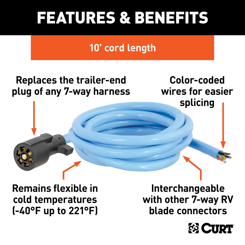 CURT 56613 Cold-Weather Replacement 7-Way RV Blade with 10' Wires (Trailer Side)