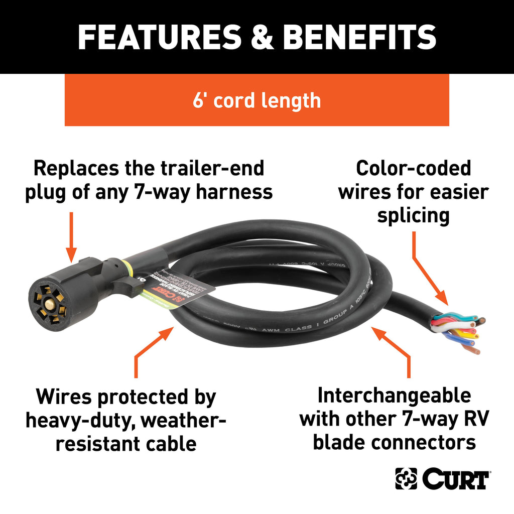 CURT 56621 Replacement 7-Way RV Blade with 6' Wires (Trailer Side, Packaged)