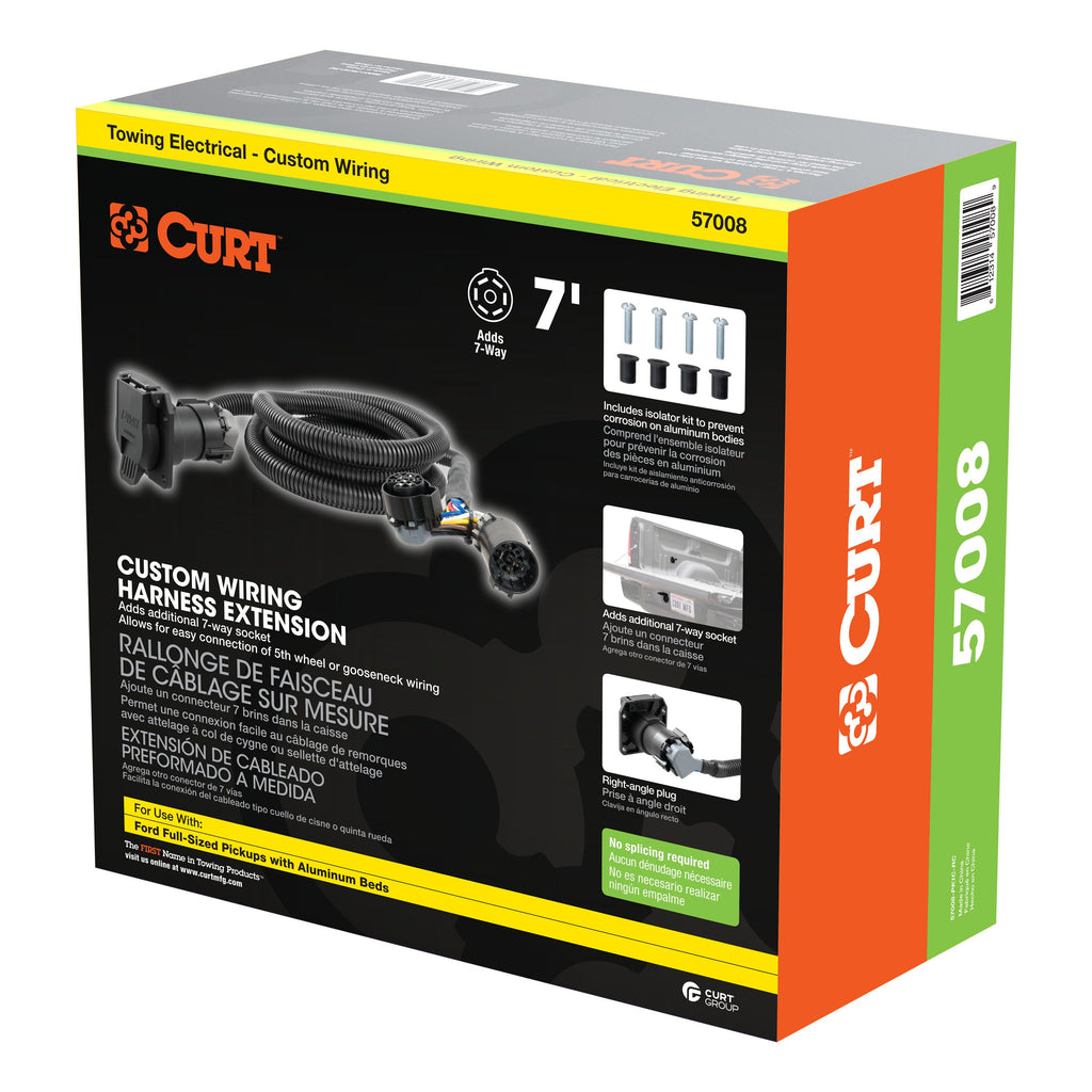CURT 57008 7' Custom Wiring Extension Harness (Adds 7-Way RV Blade to Truck Bed, Packaged) for Select Ford F-150, Ford F-250 Super Duty, Ford F-350 Super Duty, Ford F-450 Super Duty