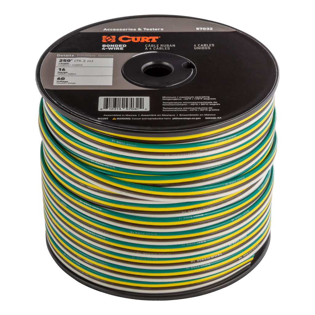 CURT 57032 Automotive Primary Wire, 4-Bond White, Brown, Yellow, Green 250' Spool