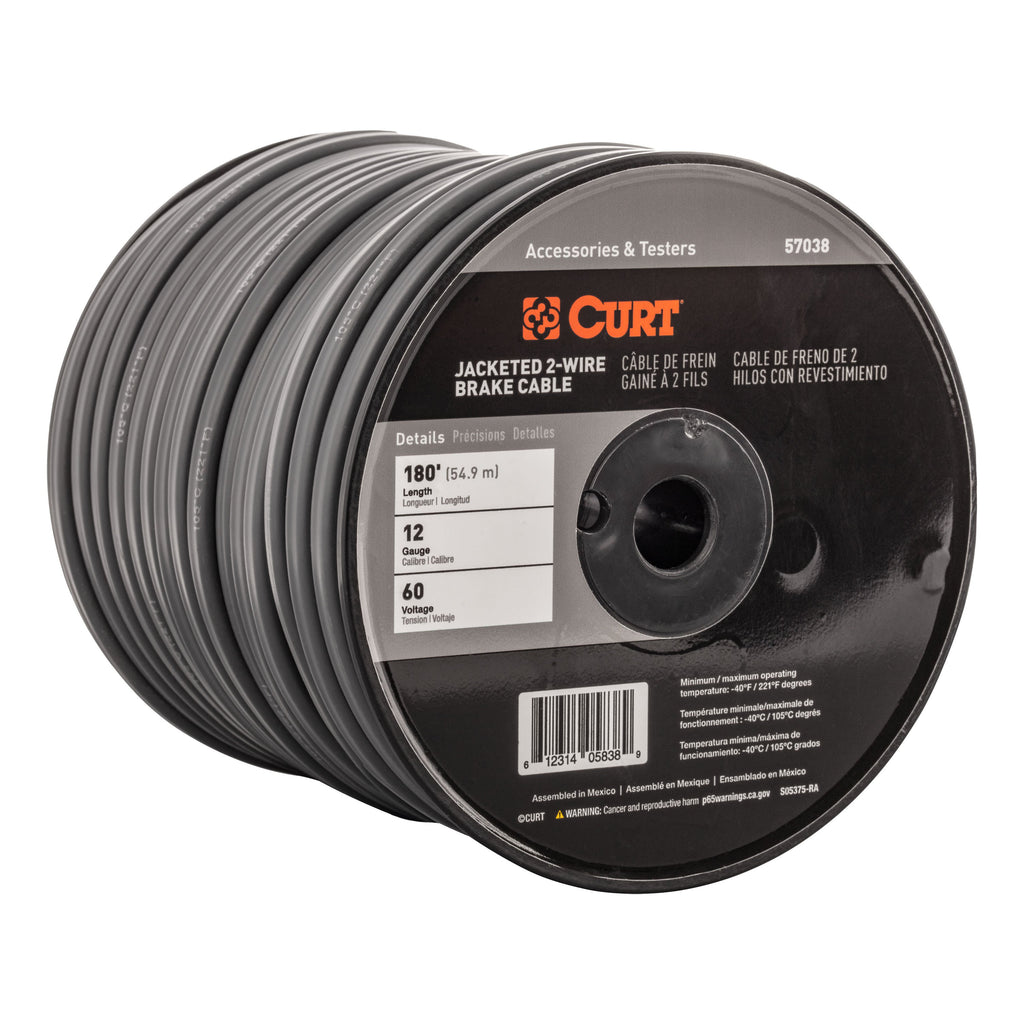 CURT 57038 2-Wire Jacketed Trailer Brake Cable, 180' Spool, 12 Gauge Wire