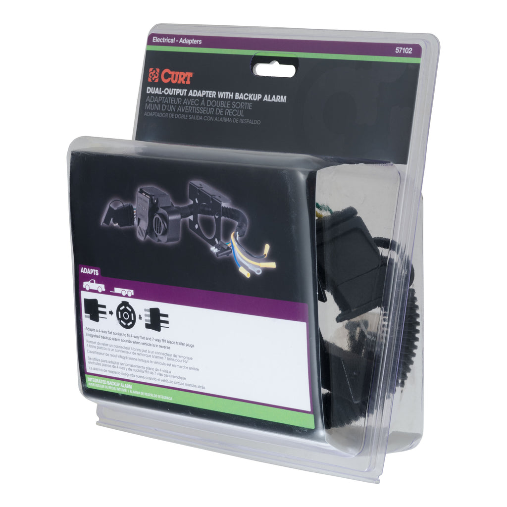 CURT 57102 Dual-Output Adapter with Backup Alarm (4-Way Flat to 7-Way RV Blade Trailer)