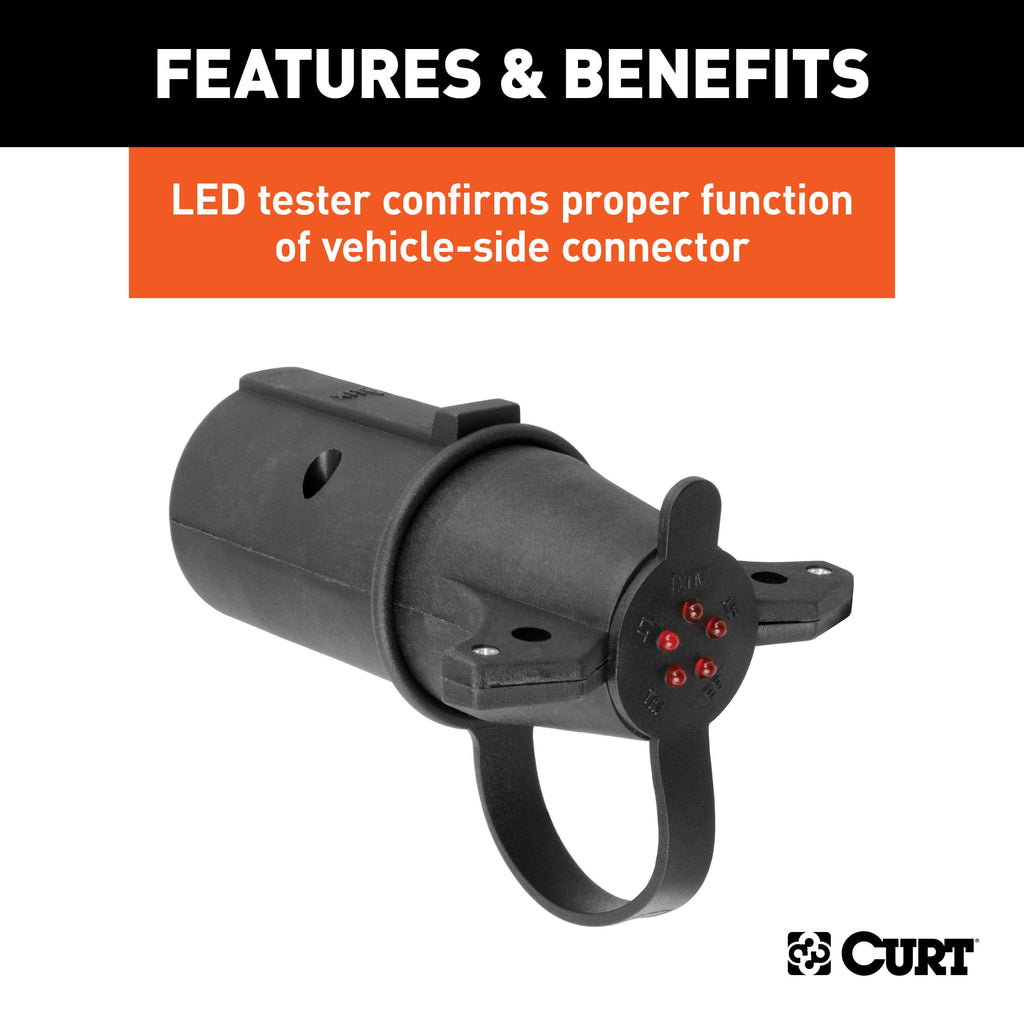 CURT 57255 Adapter with Tester (7-Way RV Blade to 6-Round Trailer, Center Pin Auxiliary)
