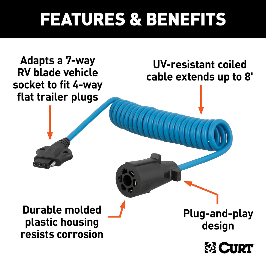 CURT 57280 8' Electrical Adapter Harness (7-Way RV Blade Vehicle to 4-Way Flat Trailer)