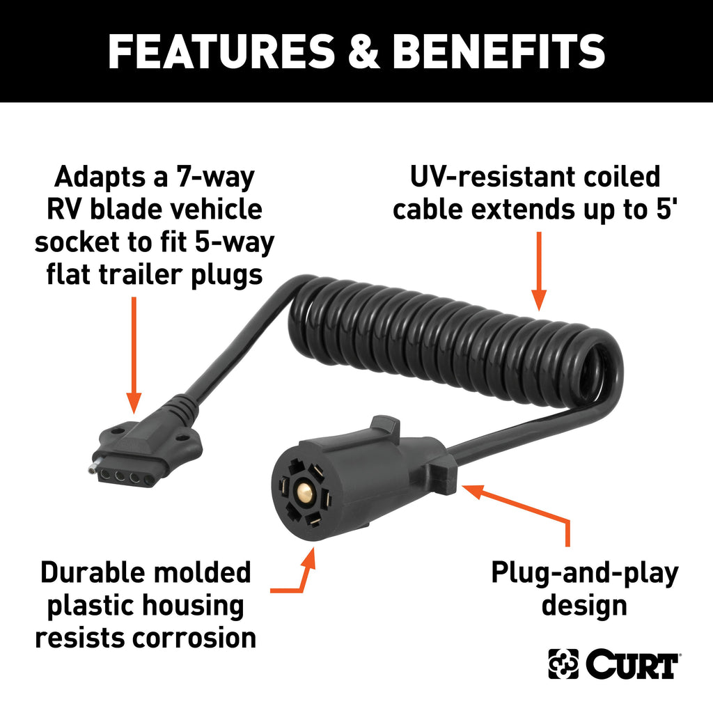 CURT 57281 5' Electrical Adapter Harness (7-Way RV Blade Vehicle to 5-Way Flat Trailer)
