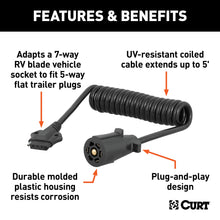 Load image into Gallery viewer, CURT 57281 5' Electrical Adapter Harness (7-Way RV Blade Vehicle to 5-Way Flat Trailer)