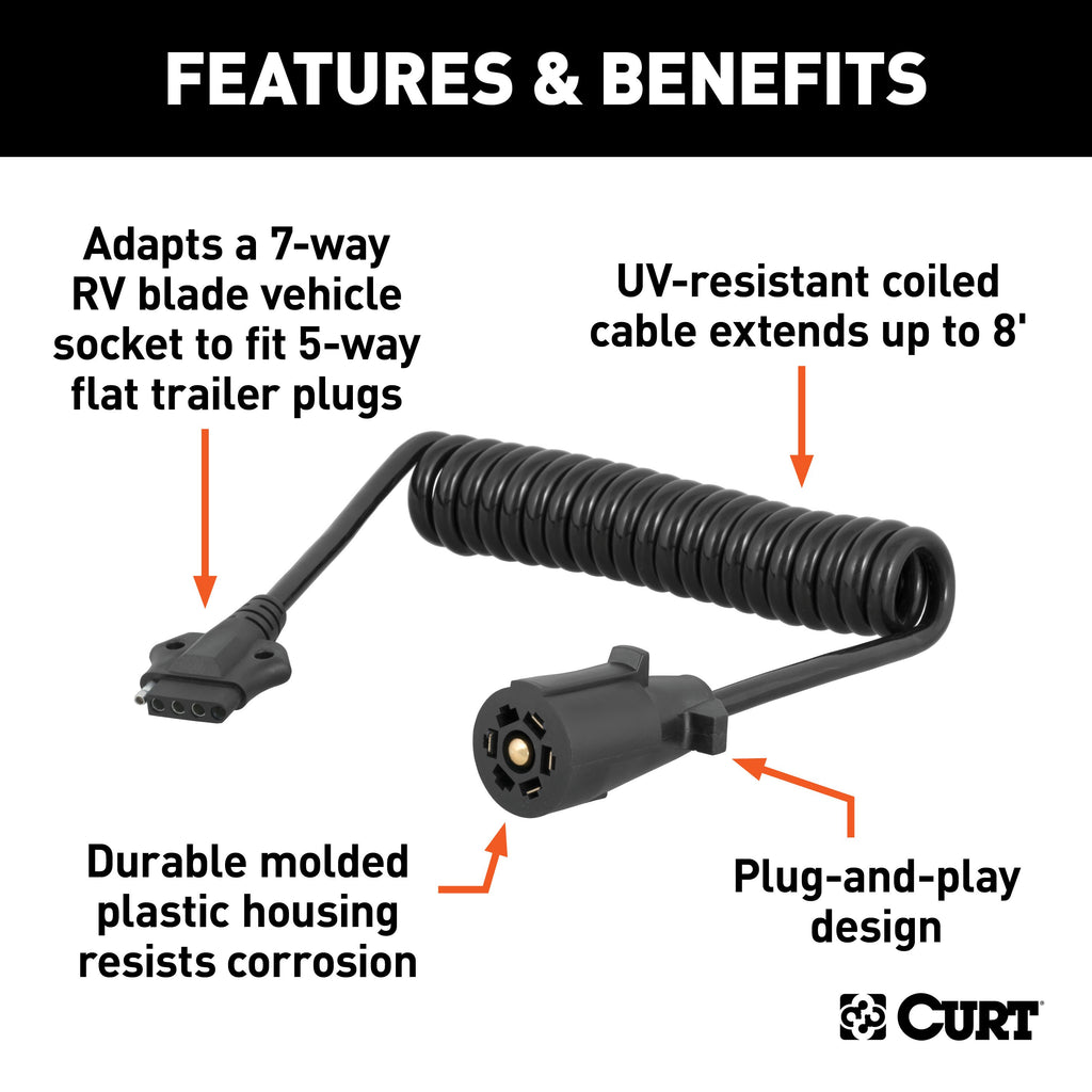 CURT 57282 8' Electrical Adapter Harness (7-Way RV Blade Vehicle to 5-Way Flat Trailer)