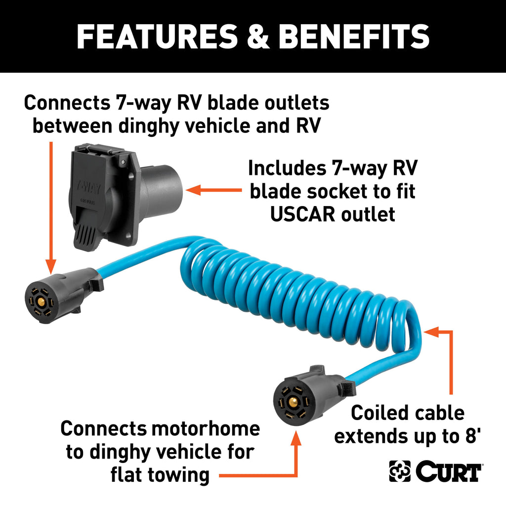 CURT 57284 8' Dinghy Towing Electrical Adapter & Socket (7-Way RV Blade, Fits USCAR)
