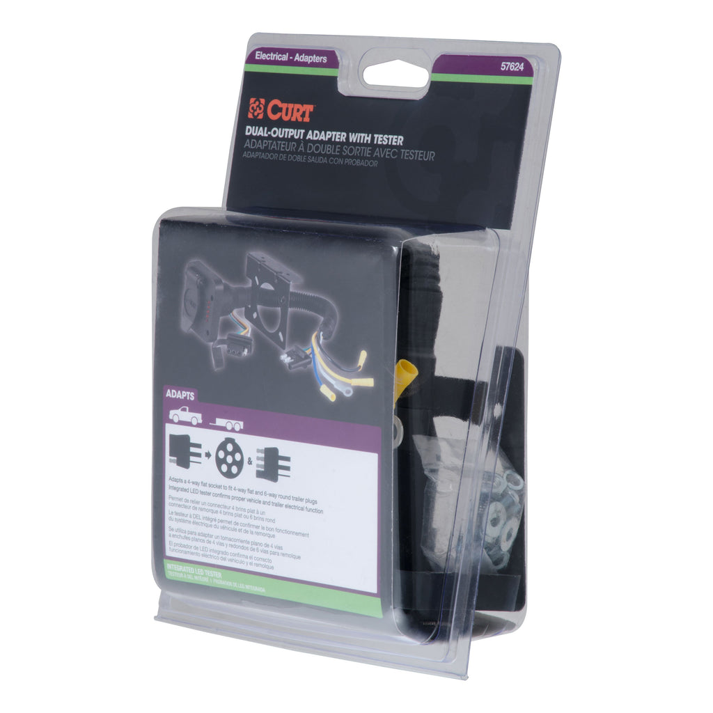 CURT 57624 Dual-Output Electrical Adapter with Tester (Adds 6-Way Round to 4-Way Flat)