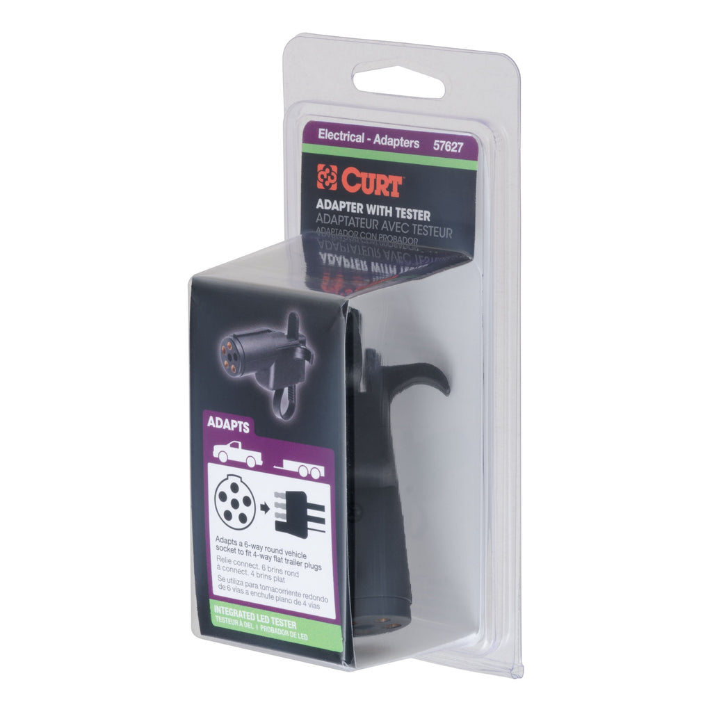 CURT 57627 Electrical Adapter with Tester (6-Way Round Vehicle to 4-Way Flat Trailer)