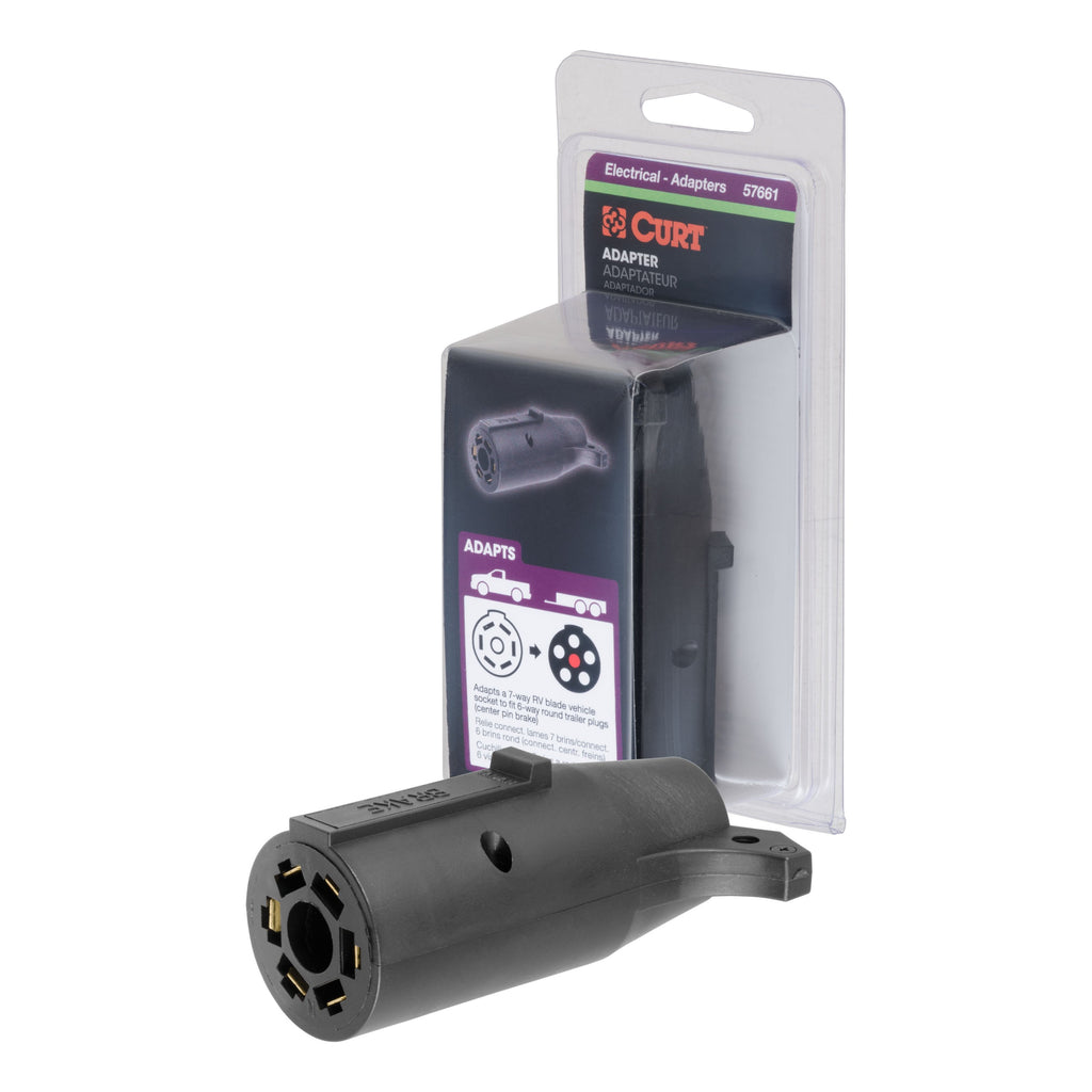 CURT 57661 Electrical Adapter (7-Way RV to 6-Round Trailer, Center Pin Brake, Packaged)
