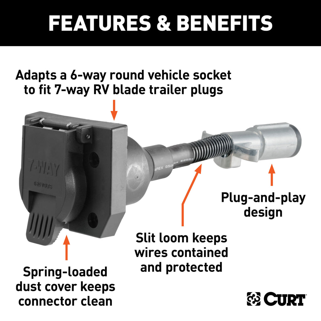 CURT 57667 Electrical Adapter (6-Way Round Vehicle to 7-Way RV Blade Trailer)
