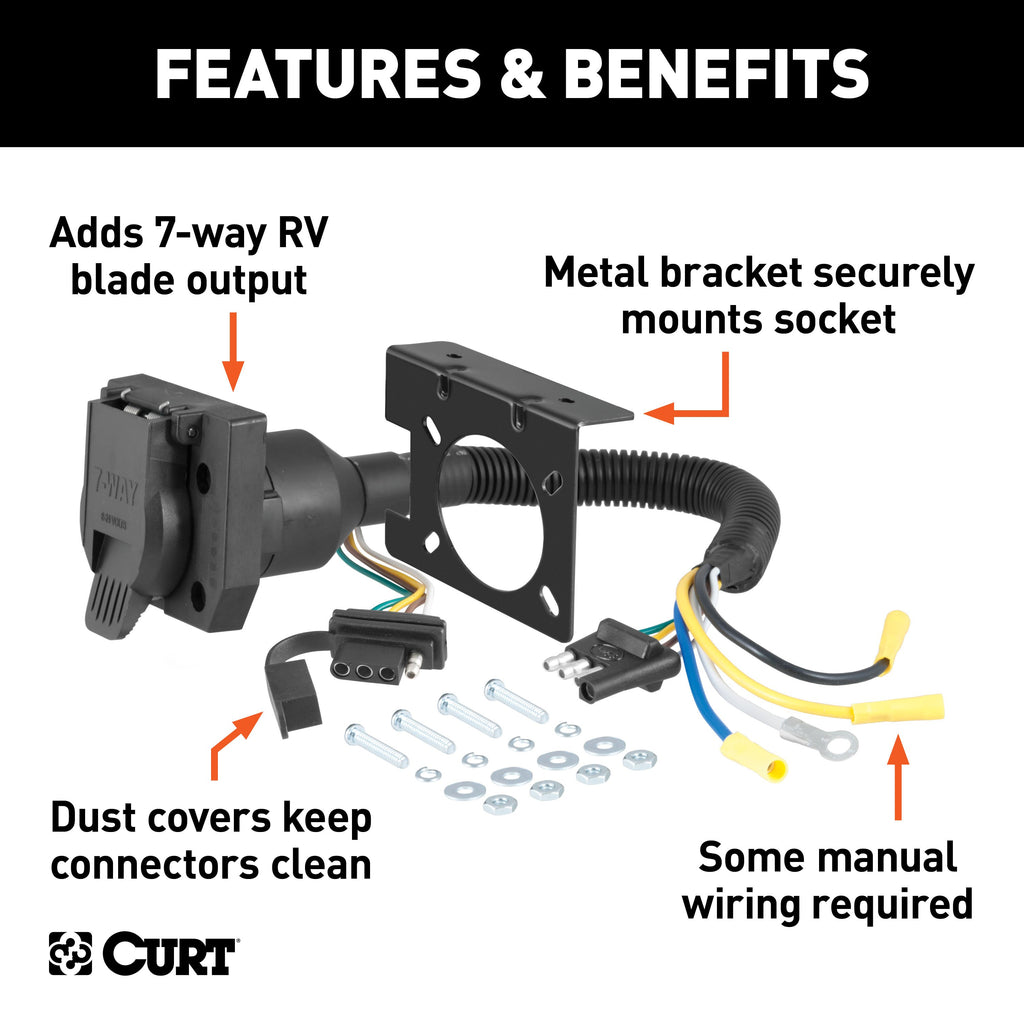 CURT 57672 Dual-Output Electrical Adapter (Adds 7-Way RV Blade to 4-Way Flat)