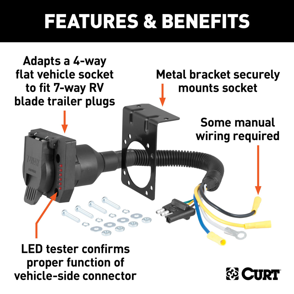 CURT 57676 Electrical Adapter with Tester (4-Way Flat Vehicle to 7-Way RV Blade Trailer)