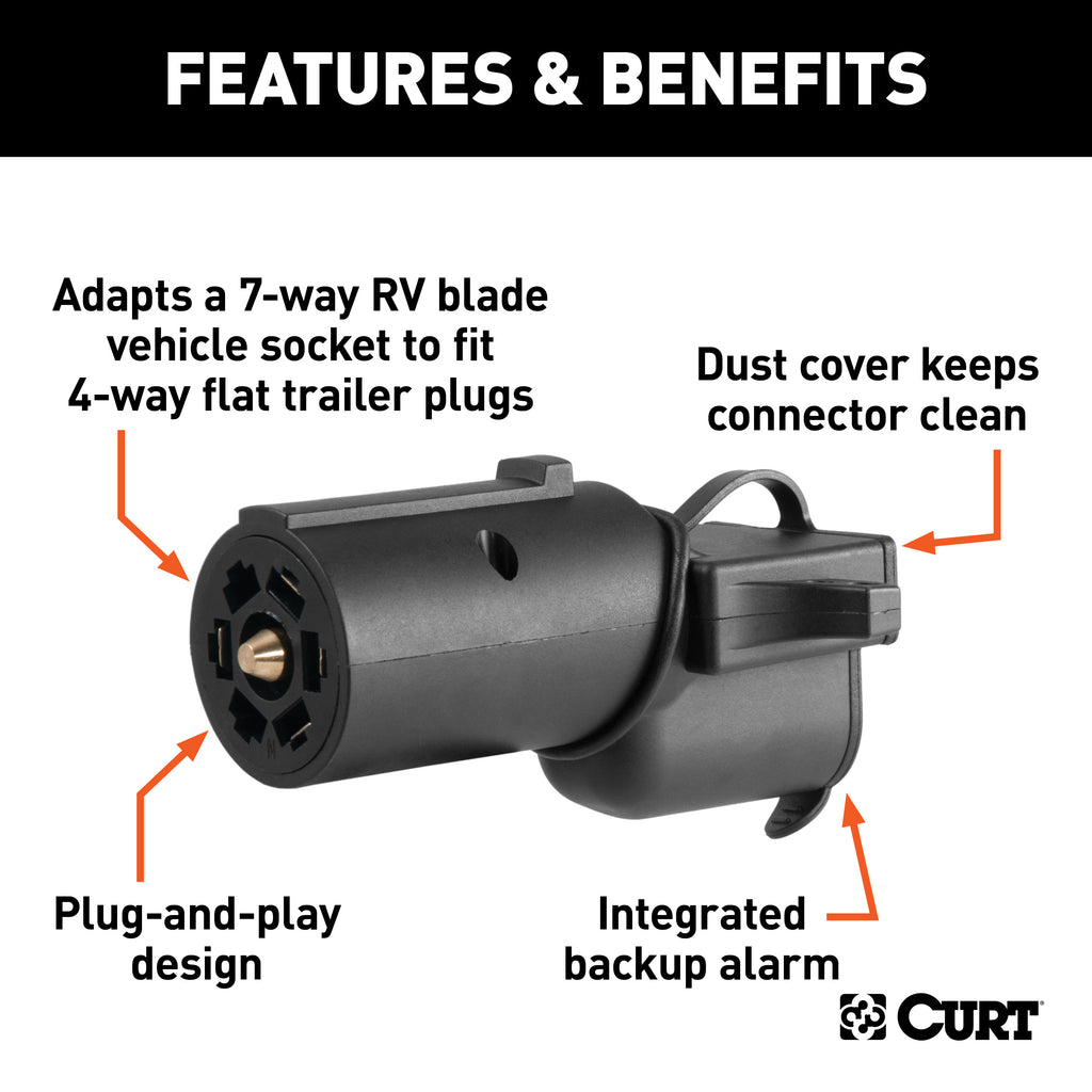 CURT 57724 Adapter with Backup Alarm (7-Way RV Blade Vehicle to 4-Way Flat Trailer)