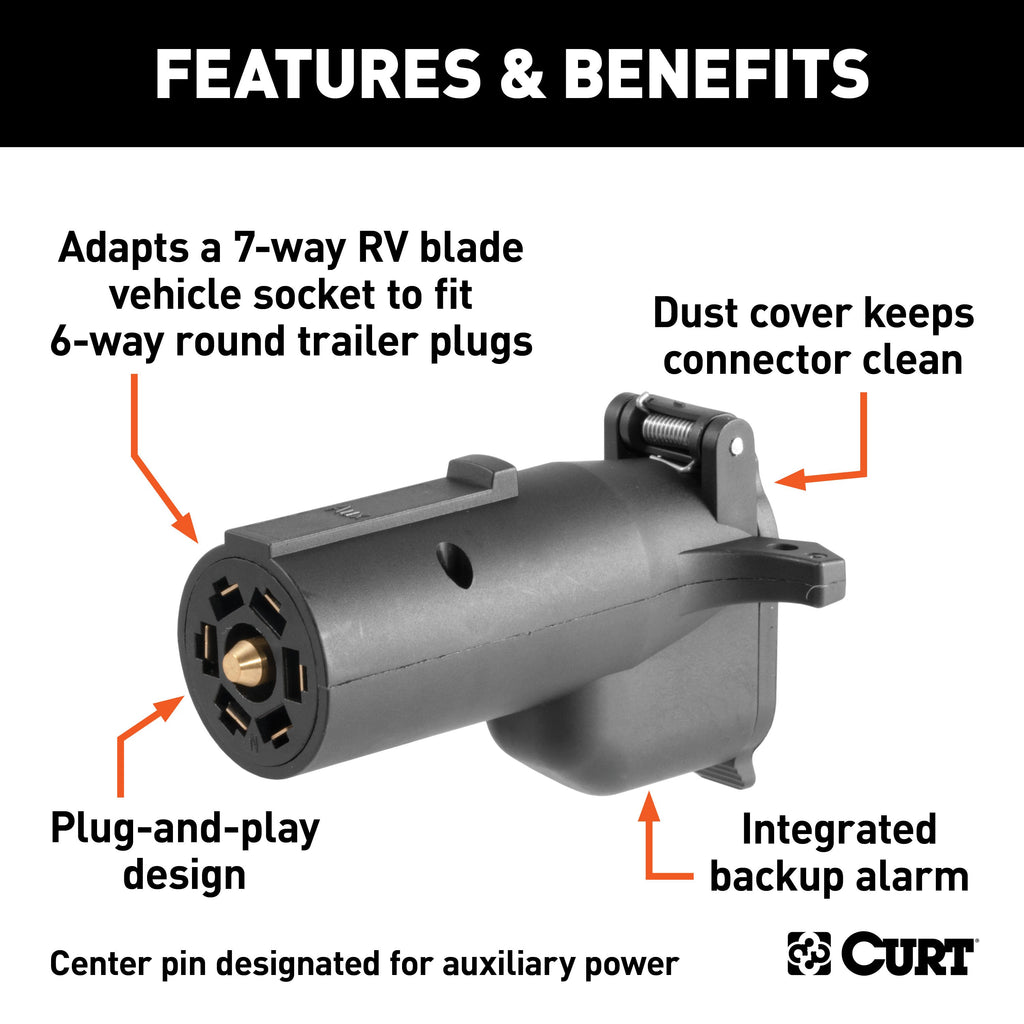 CURT 57726 Adapter with Alarm (7-Way RV Blade to 6-Way Round Trailer, Center Pin Auxiliary)