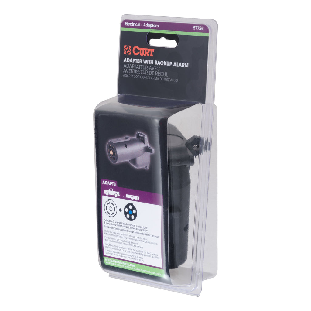CURT 57726 Adapter with Alarm (7-Way RV Blade to 6-Way Round Trailer, Center Pin Auxiliary)