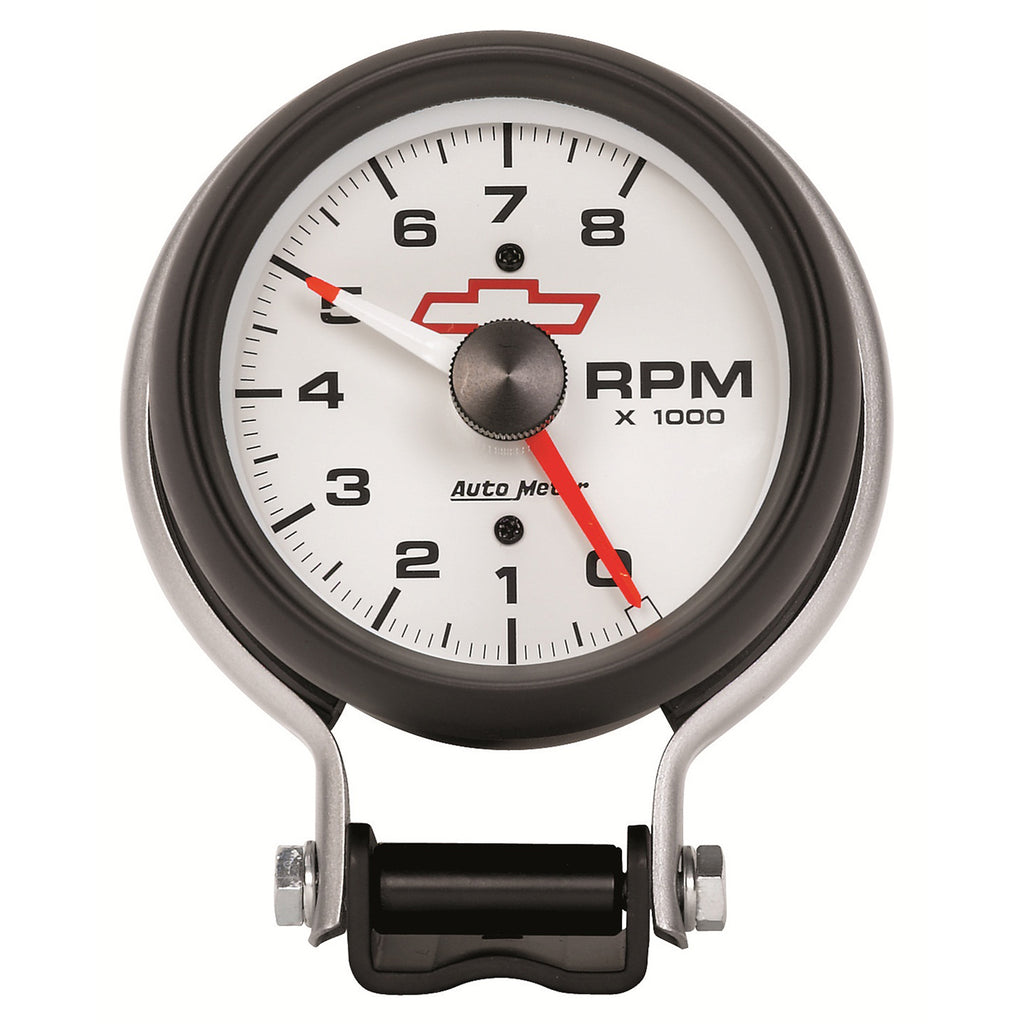 AutoMeter 5780-00406 GAUGE, TACHOMETER, 3 3/4", 8K RPM, PEDESTAL W/ RED LINE, CHEVY RED BOWTIE, WHITE