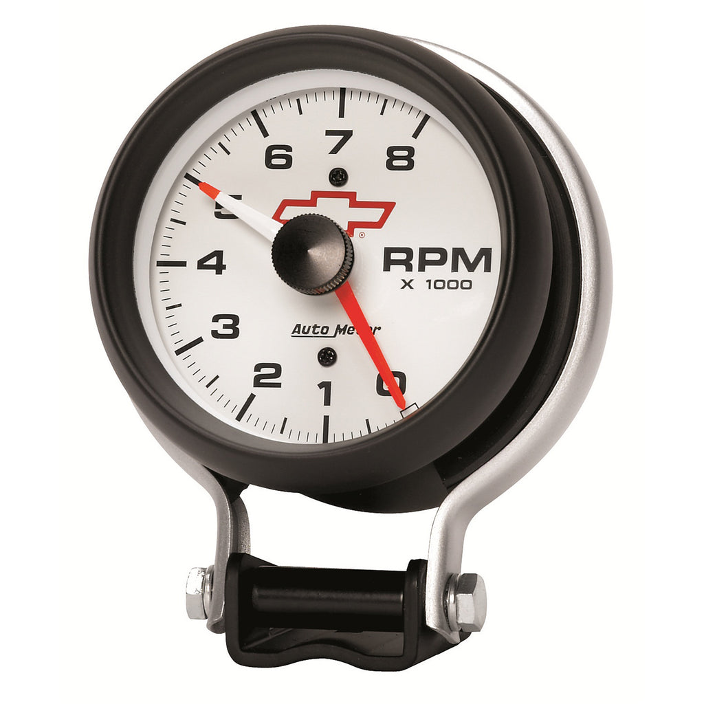 AutoMeter 5780-00406 GAUGE, TACHOMETER, 3 3/4", 8K RPM, PEDESTAL W/ RED LINE, CHEVY RED BOWTIE, WHITE