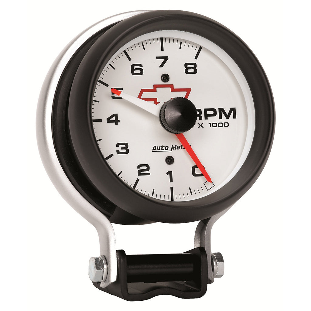 AutoMeter 5780-00406 GAUGE, TACHOMETER, 3 3/4", 8K RPM, PEDESTAL W/ RED LINE, CHEVY RED BOWTIE, WHITE