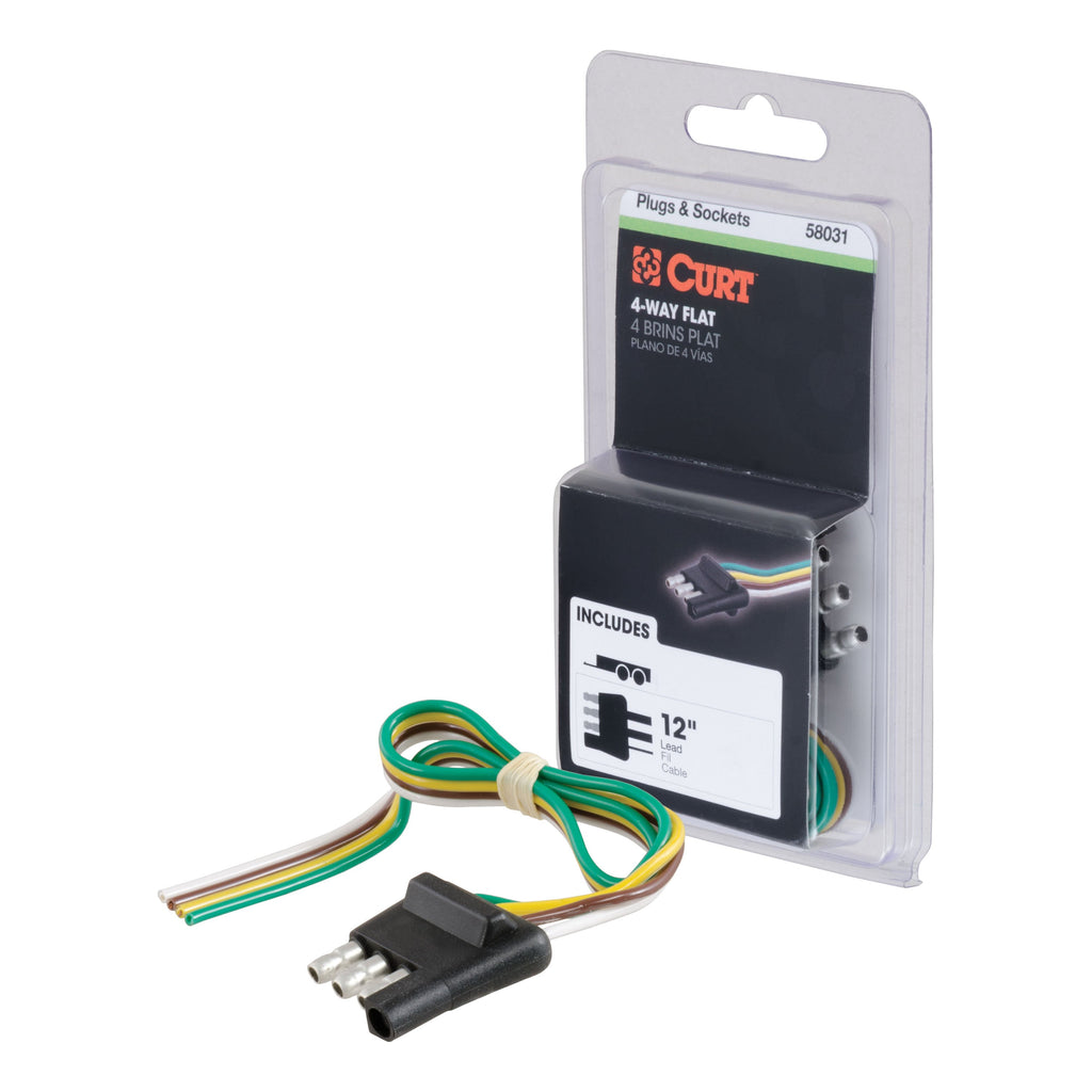 CURT 58031 4-Way Flat Connector Plug with 12" Wires (Trailer Side, Packaged)