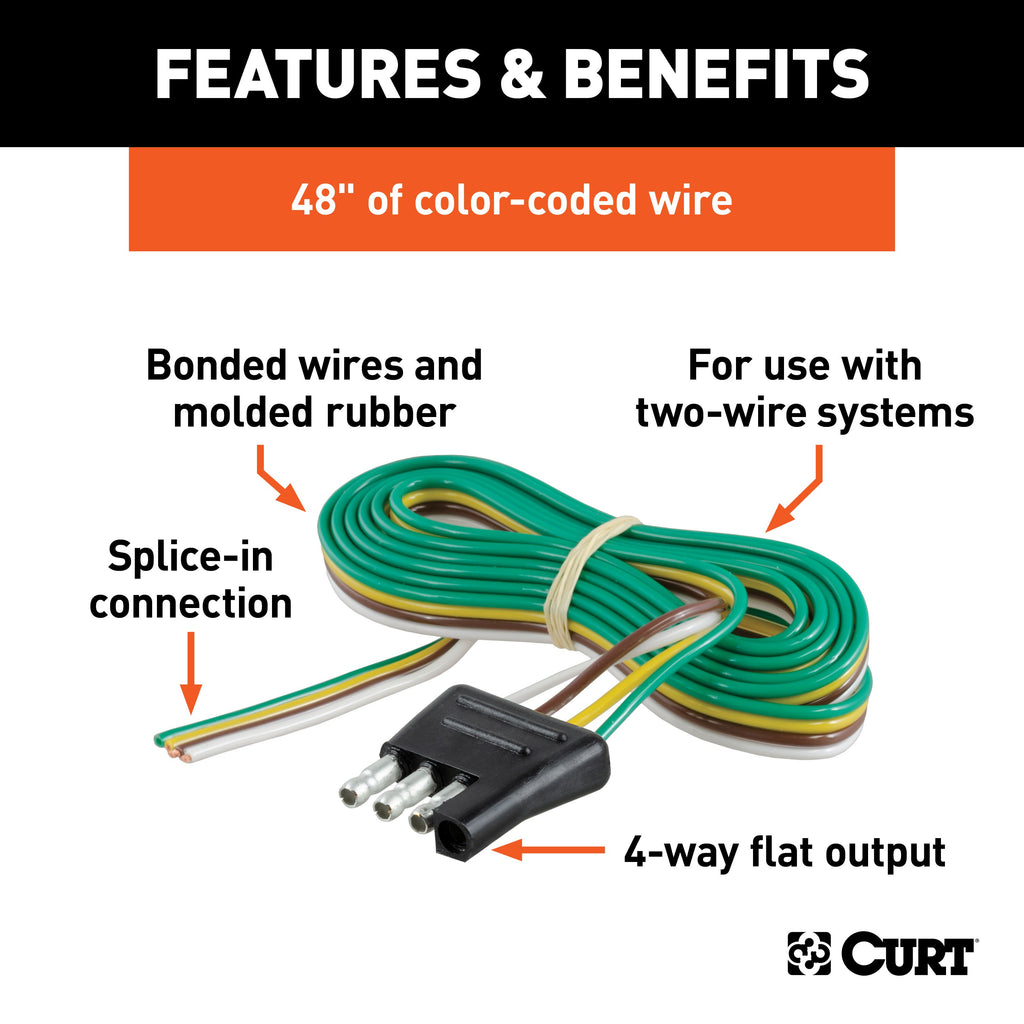 CURT 58032 4-Way Flat Connector Plug with 48" Wires (Trailer Side)